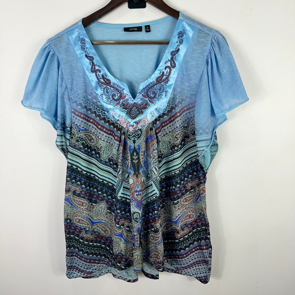 APT 9 Top‎ Womens Plus Size 2X Blue Short Sleeve Geometric Ruffle Statement Y2K